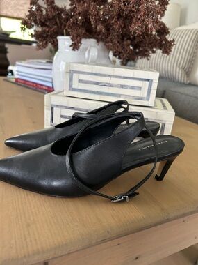 Anthropologie  Black Pointed Ankle Strap Slingback Heels